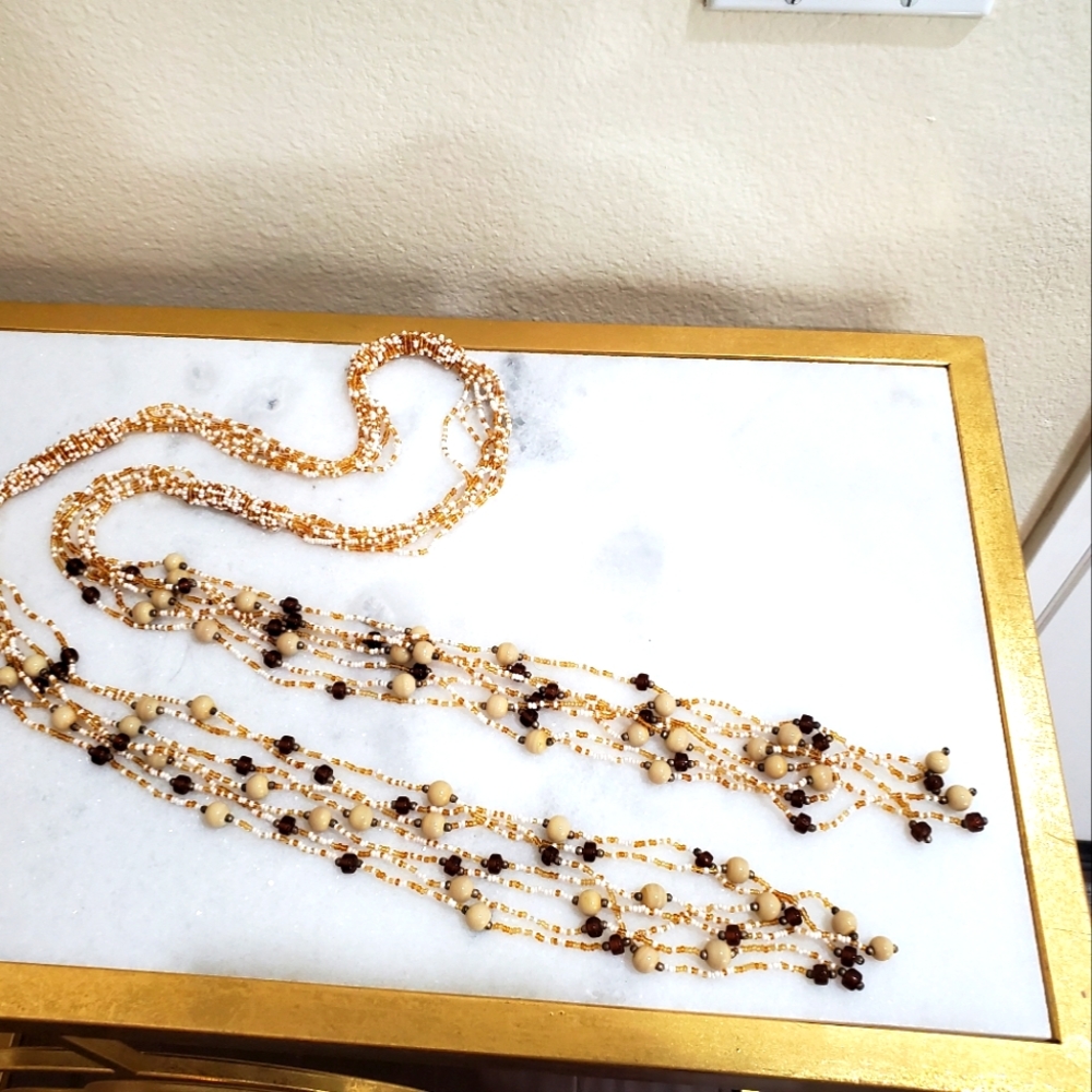 Cream Brown Glass Bead Long Multi Strand Necklace